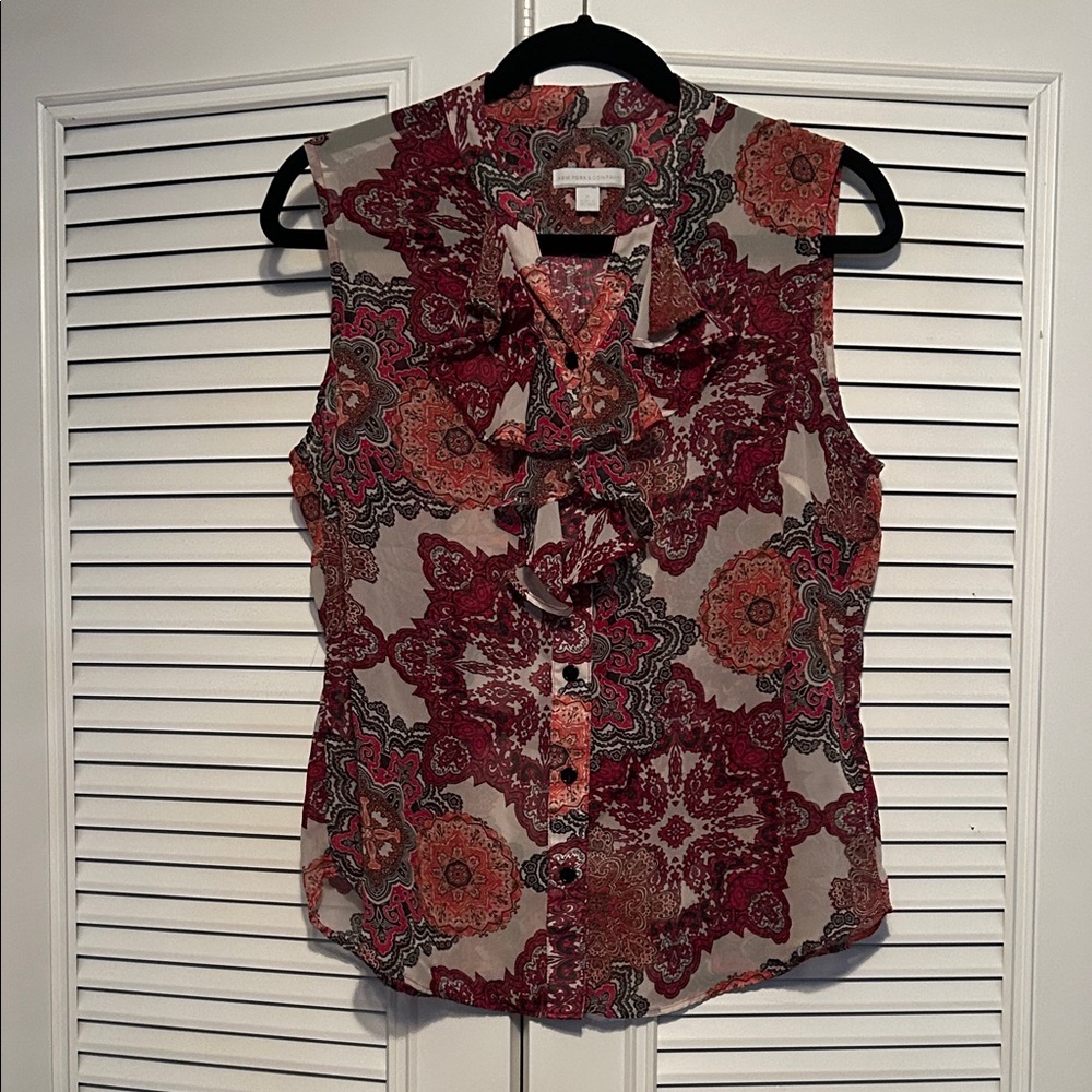 New York & Company Red and Black Patterned Blouse